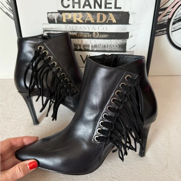 New Black Leather Fringe Pointed Toe Stiletto Heel Boots with Zipper - Picture 2 of 13